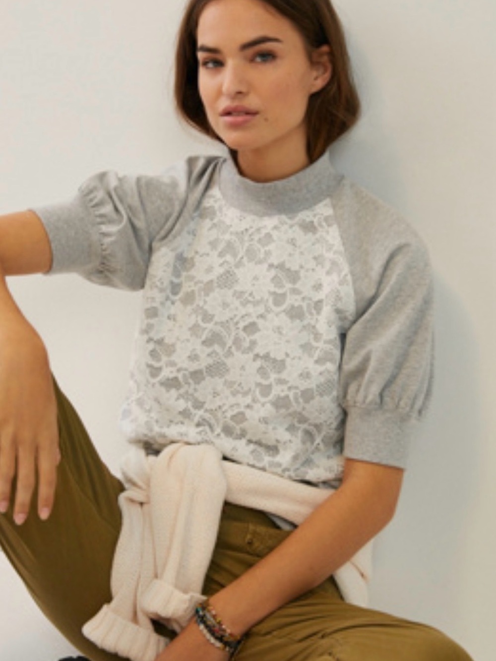 Anthropologie Gray Lace Front Puff Sleeve Sweatshirt
